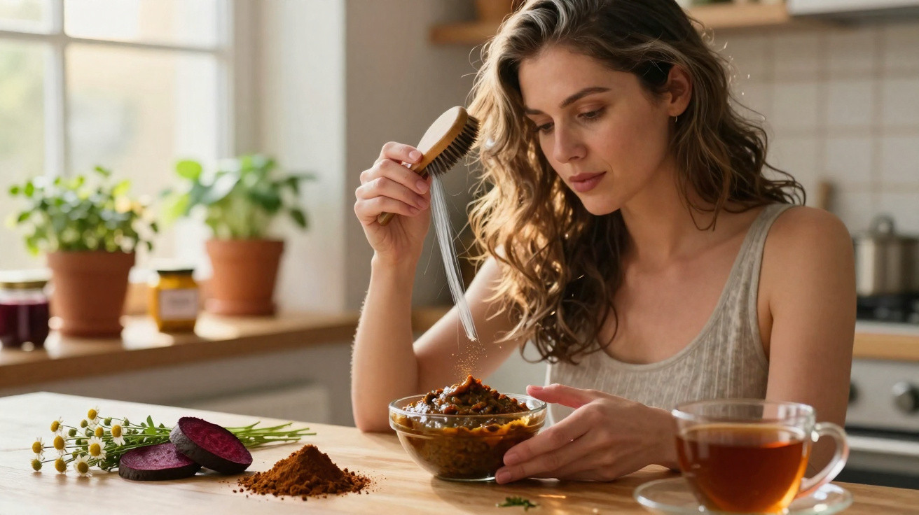 Mulher a temperar comida com ervas, sentada à mesa da cozinha com chá e ingredientes naturais à frente.