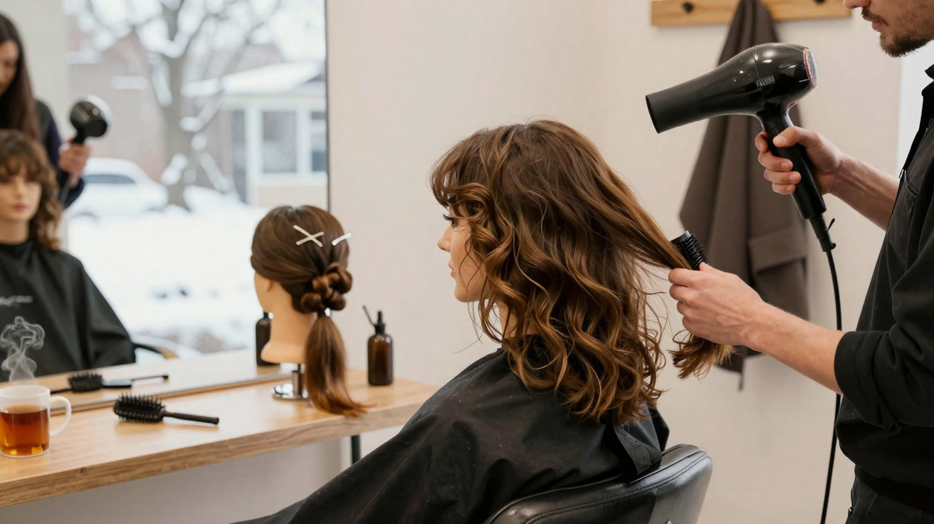 Mulher num salão de cabeleireiro a ter o cabelo seco com secador por um cabeleireiro.