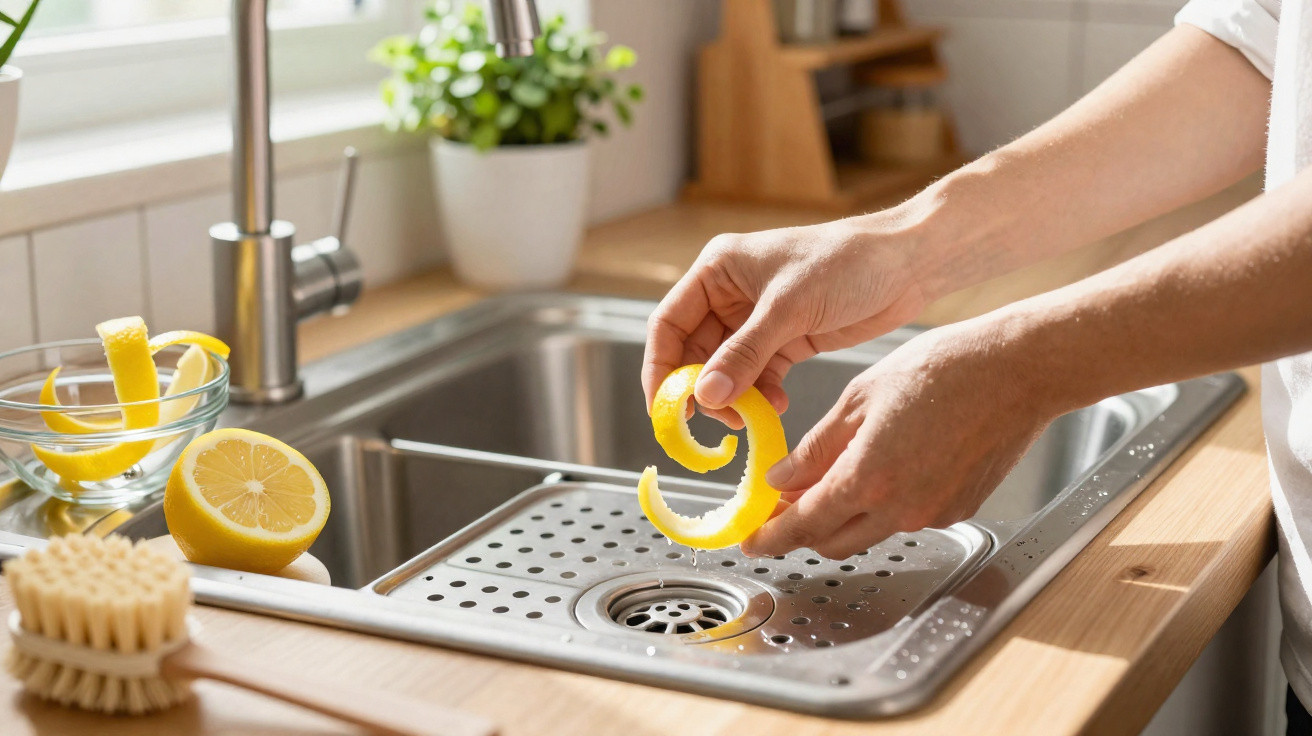 Mãos a colocar casca de limão na pia da cozinha com limões e plantas ao fundo.