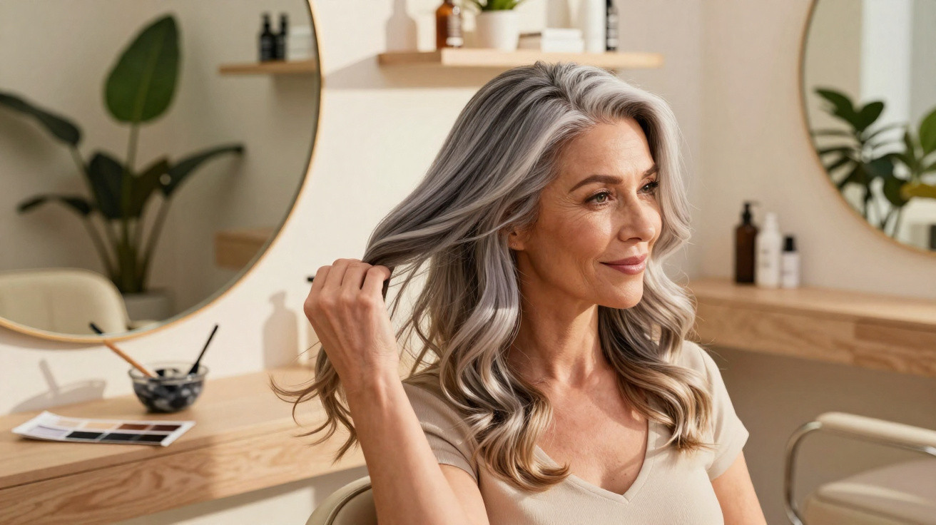 Mulher madura com cabelo grisalho ondulado arrumando o cabelo num salão de beleza moderno e acolhedor.