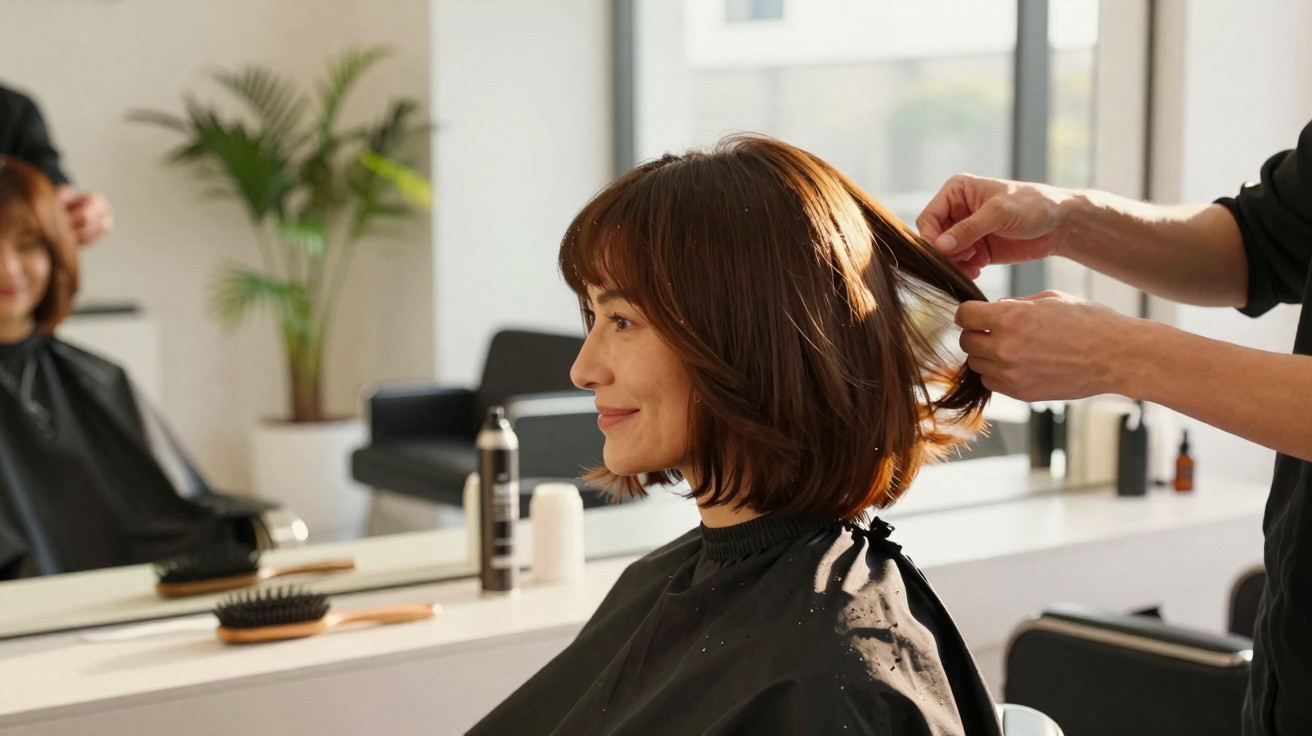 Mulher sorridente a cortar o cabelo num salão de beleza moderno e iluminado.