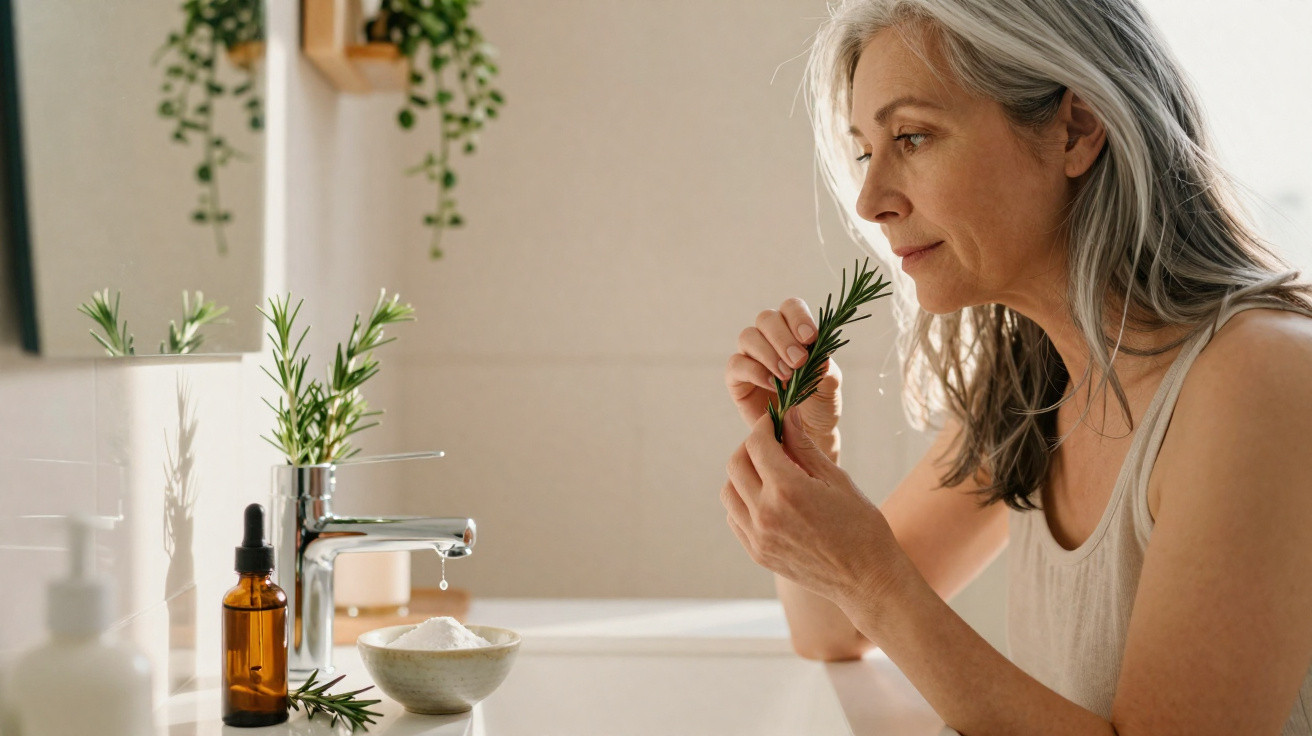 Mulher madura a cheirar ramo de alecrim numa casa de banho luminosa, com produtos naturais na bancada.