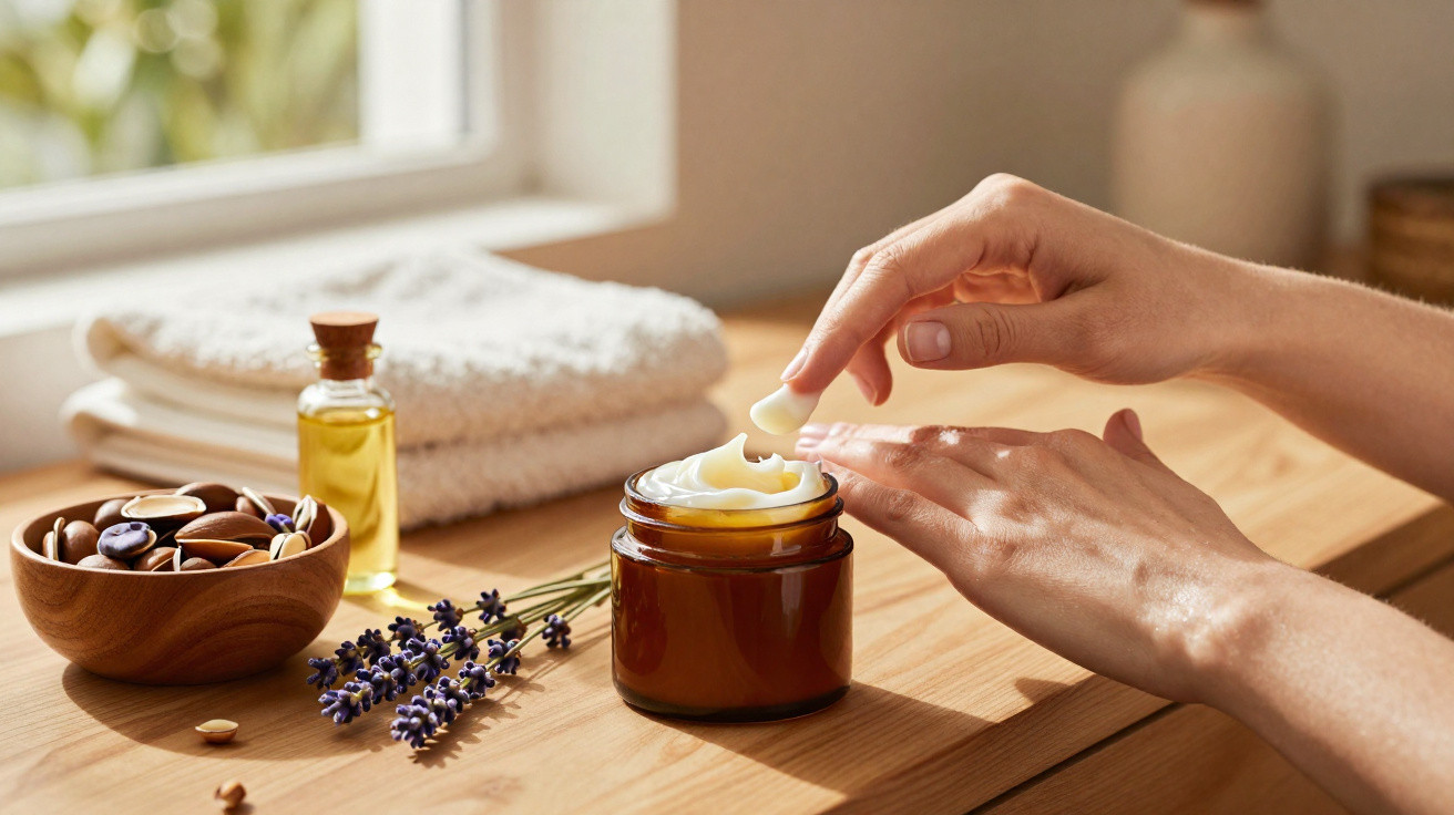 Mãos femininas a aplicar creme hidratante ao lado de óleos, flores de lavanda e toalhas numa mesa de madeira.