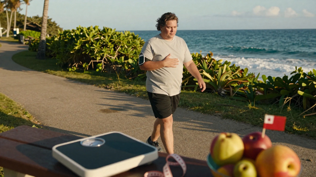 Homem a caminhar junto ao mar, com bastão e frutas numa mesa ao primeiro plano.