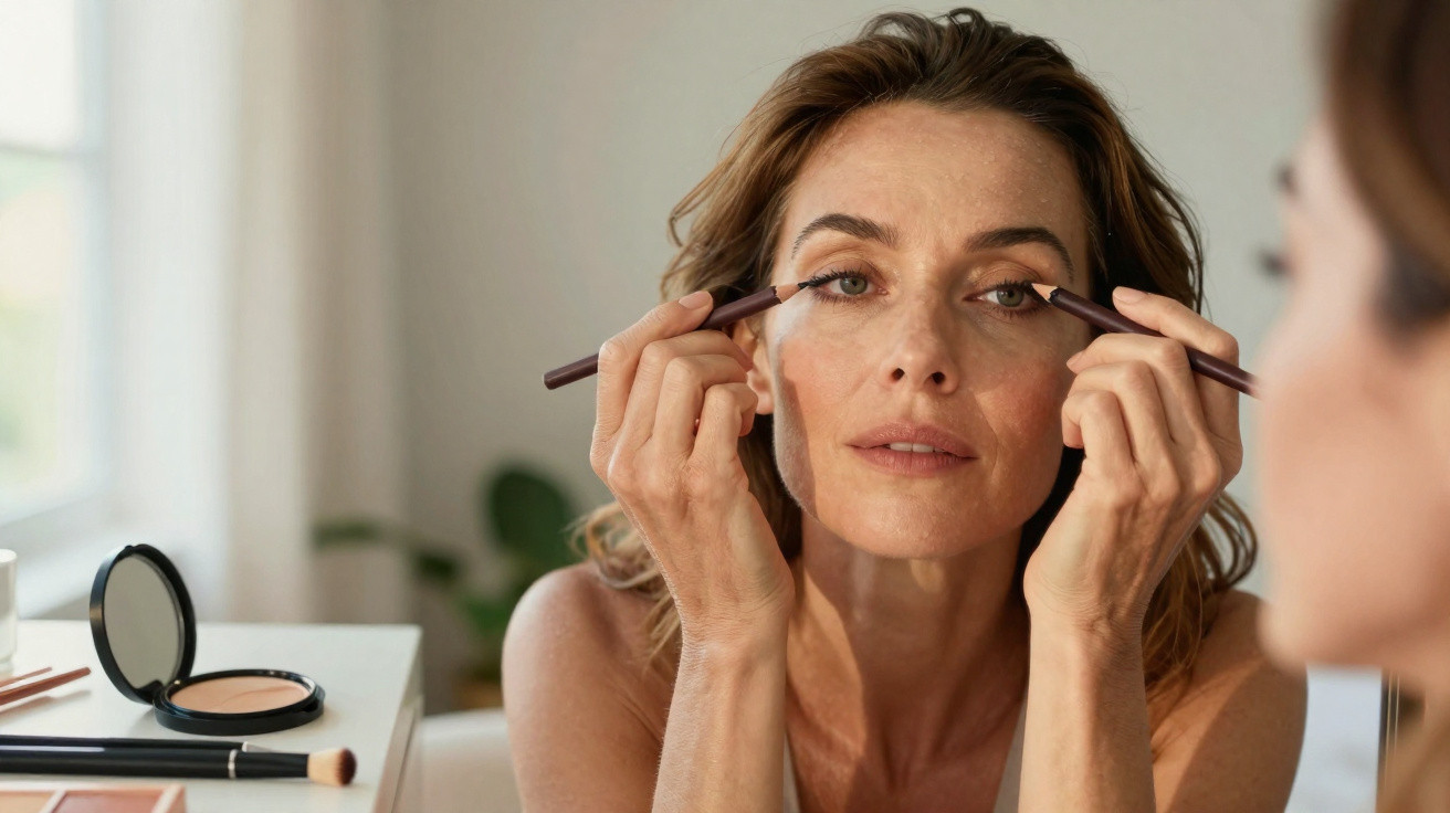 Mulher a aplicar eyeliner castanho junto ao espelho numa divisão iluminada e com maquilhagem sobre a mesa.