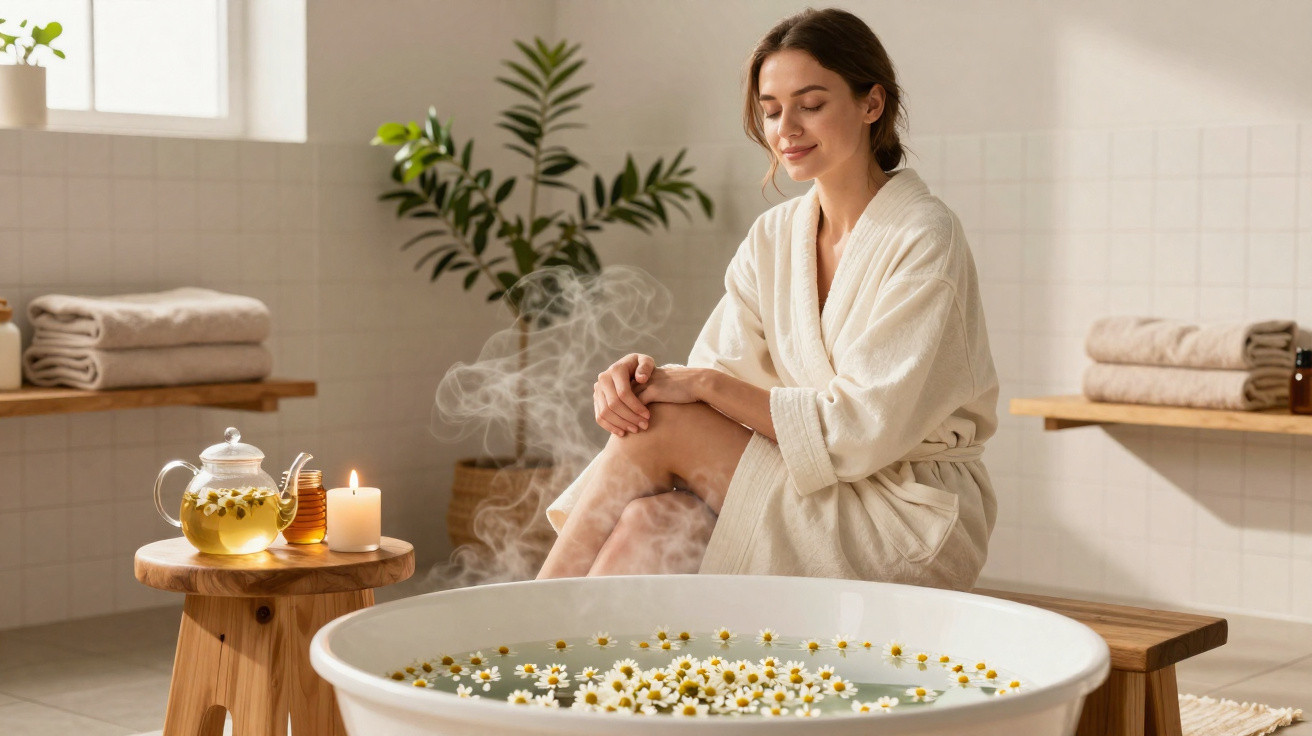 Mulher relaxa em roupão junto a uma bacia com flores e vapor, em ambiente calmo de spa caseiro.