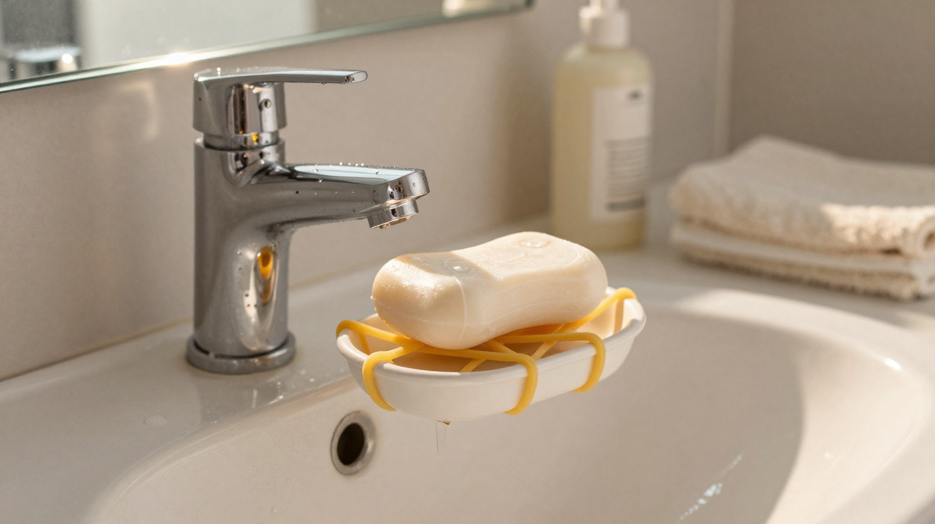 Sabonete branco numa saboneteira amarela sobre lavatório branco com torneira cromada e toalhas ao fundo.