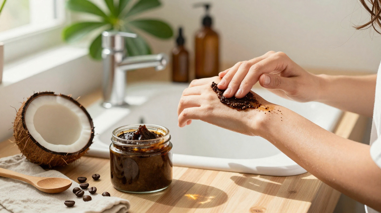 Pessoa a aplicar esfoliante caseiro de café no braço, com coco e frascos na bancada à luz natural.