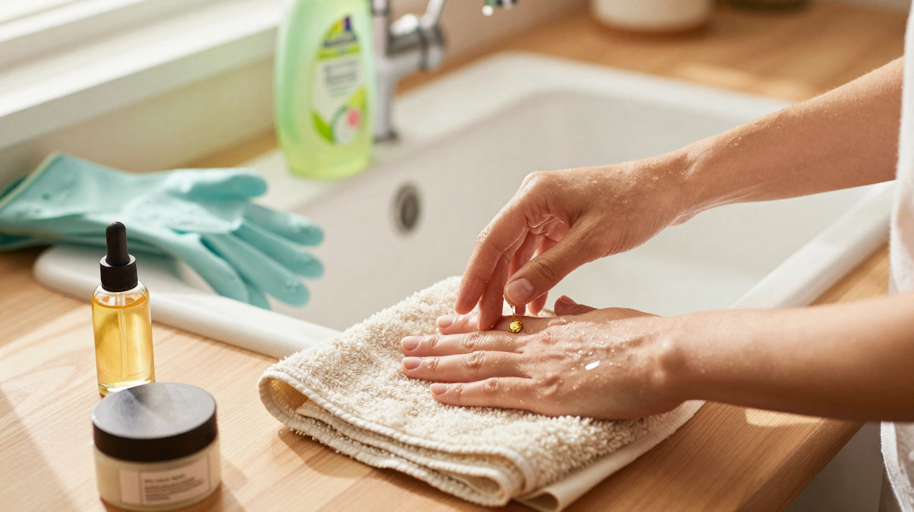 Mãos a aplicar óleo de tratamento após lavagem, com toalha branca e produtos de cuidados na bancada da cozinha.