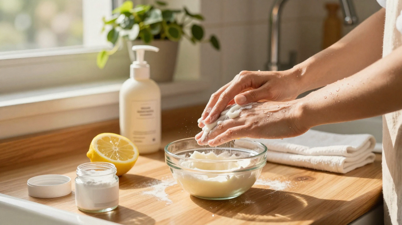 Mãos a esfregar creme com ingredientes naturais numa bancada de cozinha iluminada por luz natural.