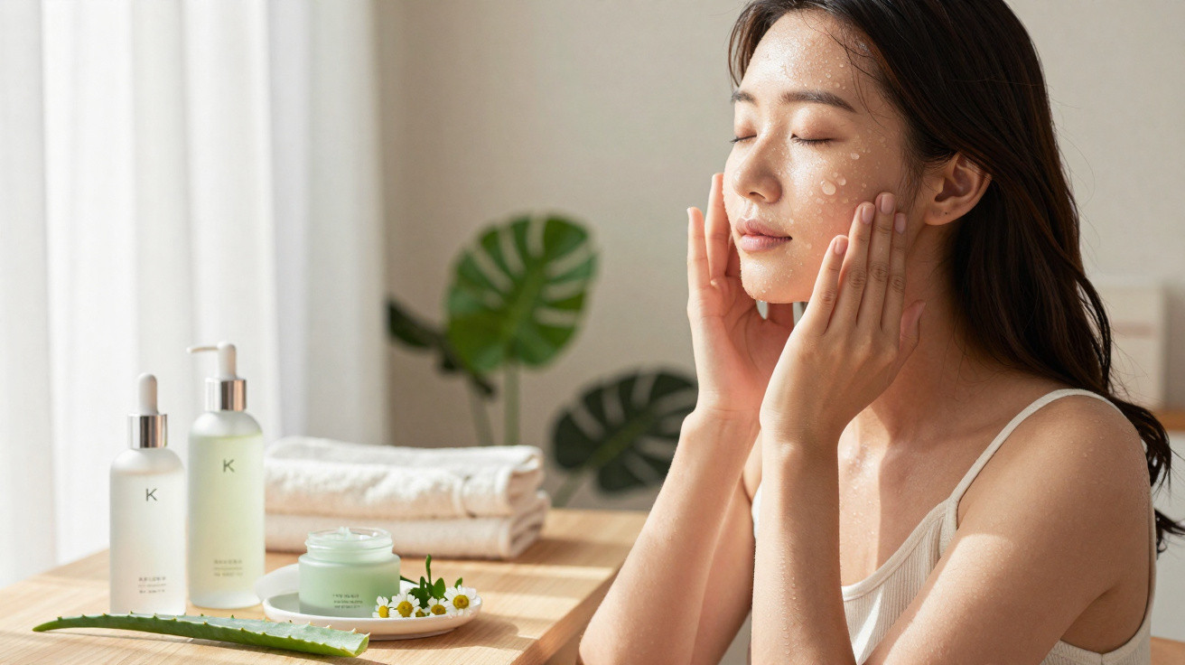 Mulher a aplicar serum hidratante no rosto, com produtos de cuidado da pele e aloe vera numa mesa.