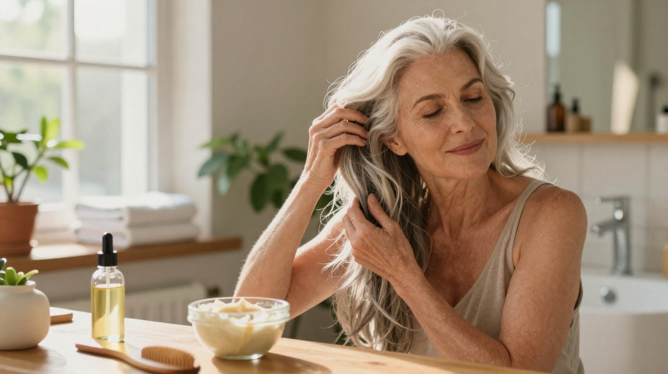 Mulher sénior a cuidar do cabelo cinzento com produtos naturais num ambiente iluminado.