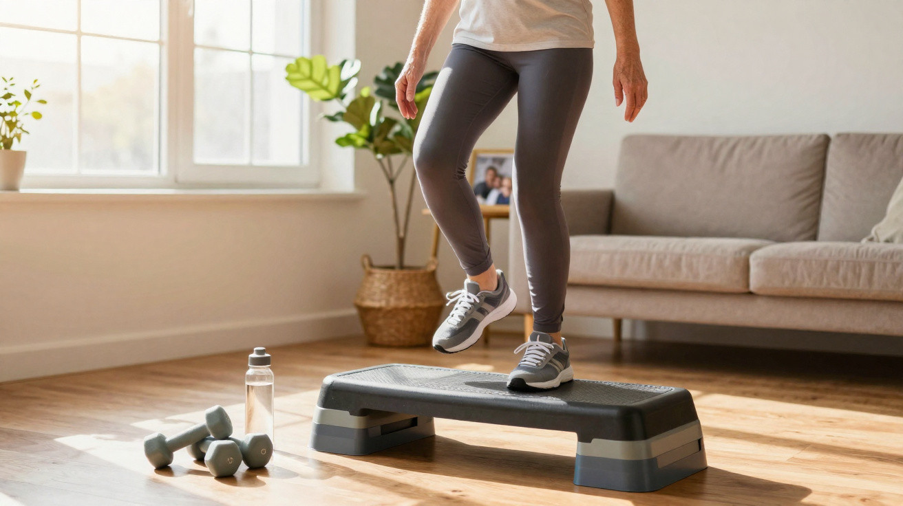 Pessoa a fazer step com equipamento de exercício, halteres e garrafa de água numa sala iluminada.