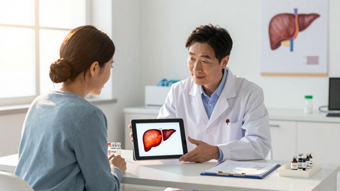 Médico mostra imagem do fígado num tablet durante consulta com paciente numa clínica iluminada.