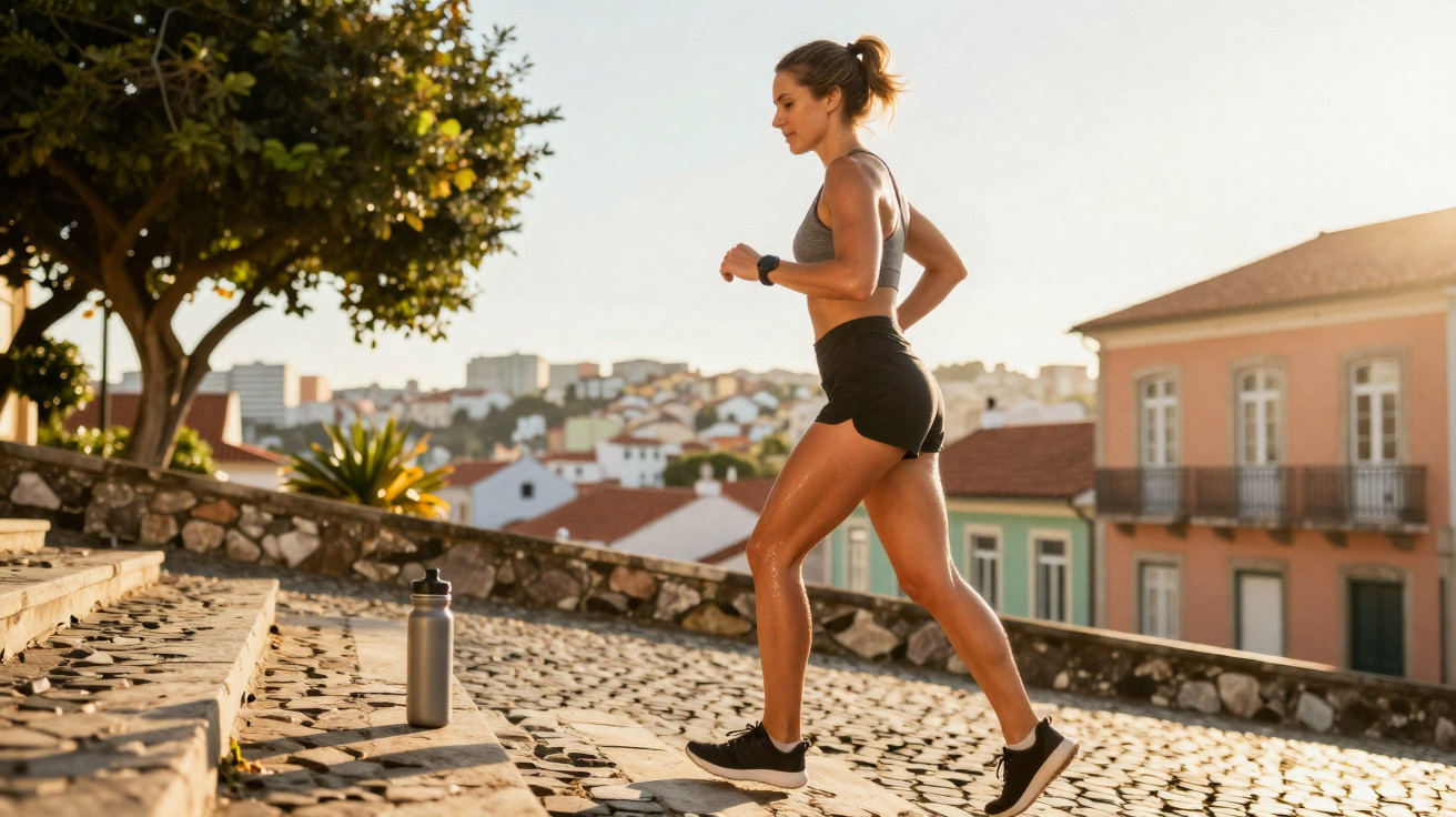 Mulher a correr subindo escadas exteriores em calçada portuguesa numa manhã ensolarada na cidade.