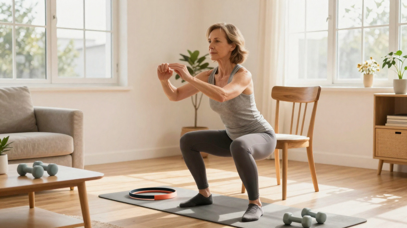 Mulher a fazer exercício de agachamento em tapete de yoga numa sala iluminada e arejada.