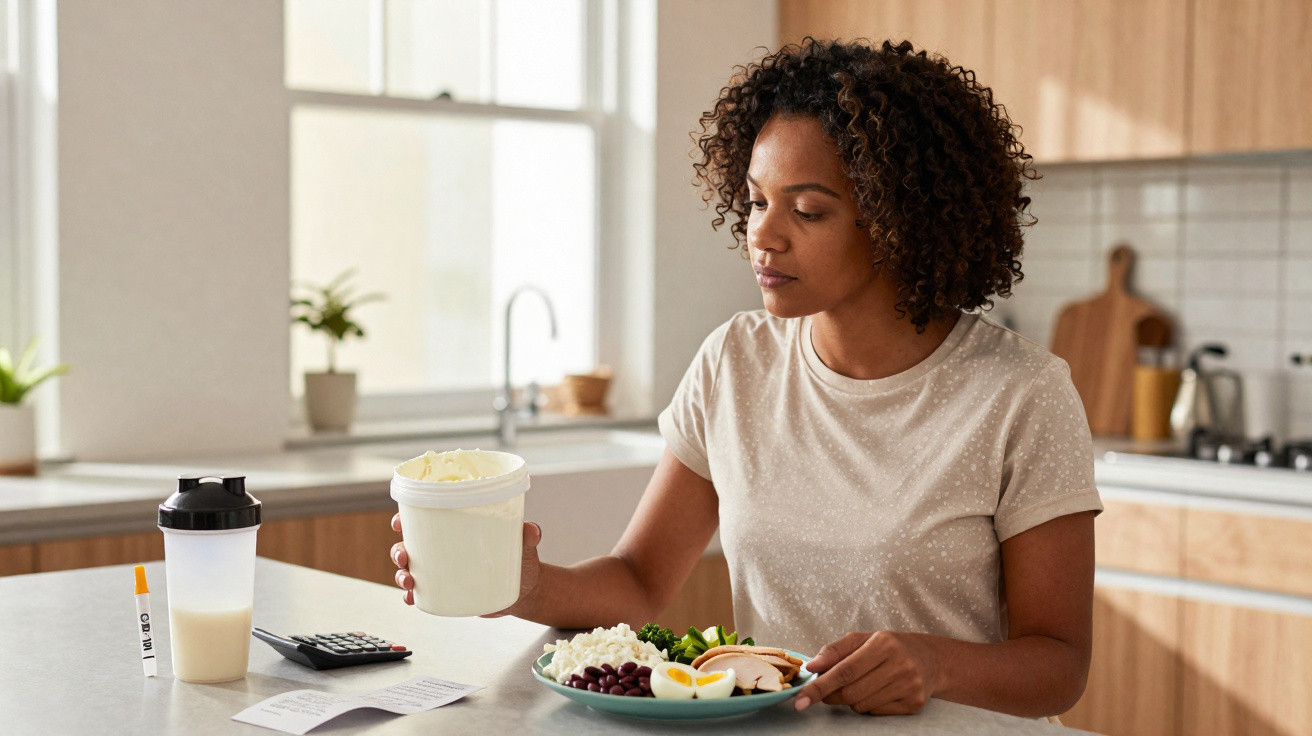 Mulher sentada à mesa com comida saudável e suplemento alimentar, numa cozinha moderna e luminosa.