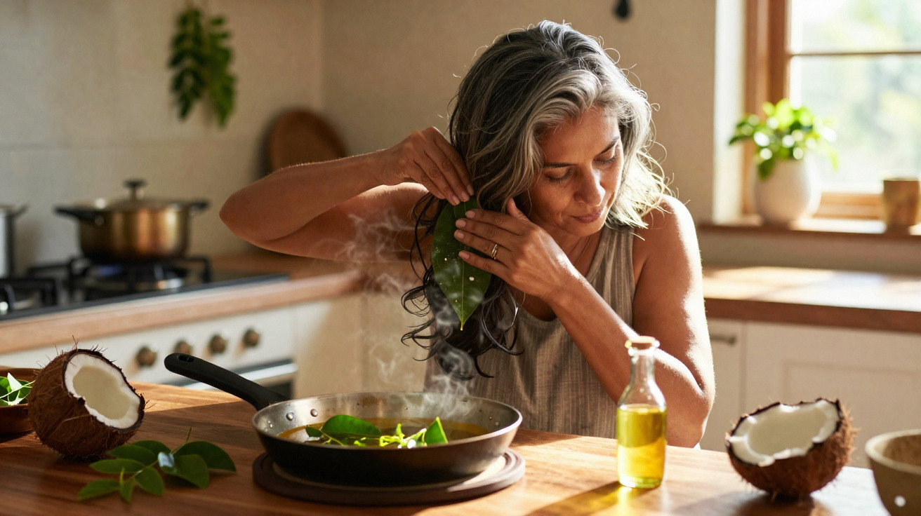 Mulher cozinha com folhas verdes numa frigideira enquanto segura folha na cabeça numa cozinha iluminada.