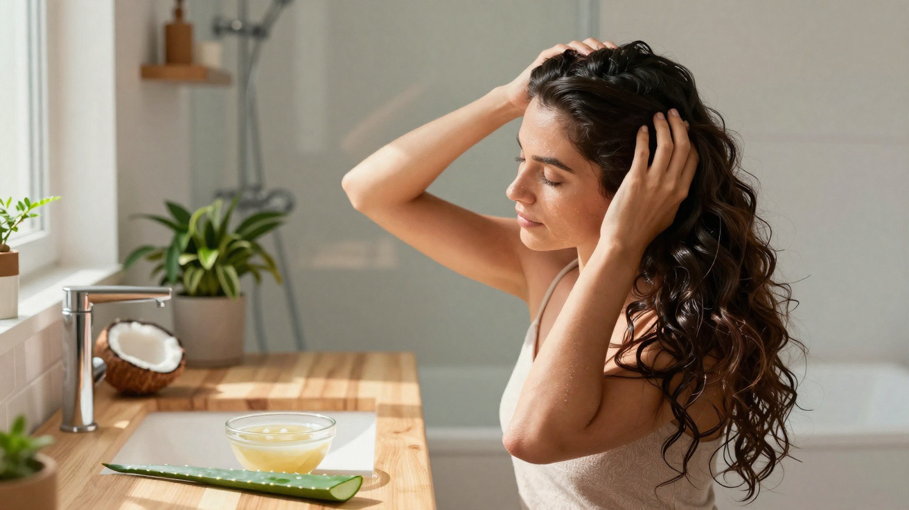 Mulher com cabelo comprido e encaracolado aplica tratamento capilar numa casa de banho luminosa.