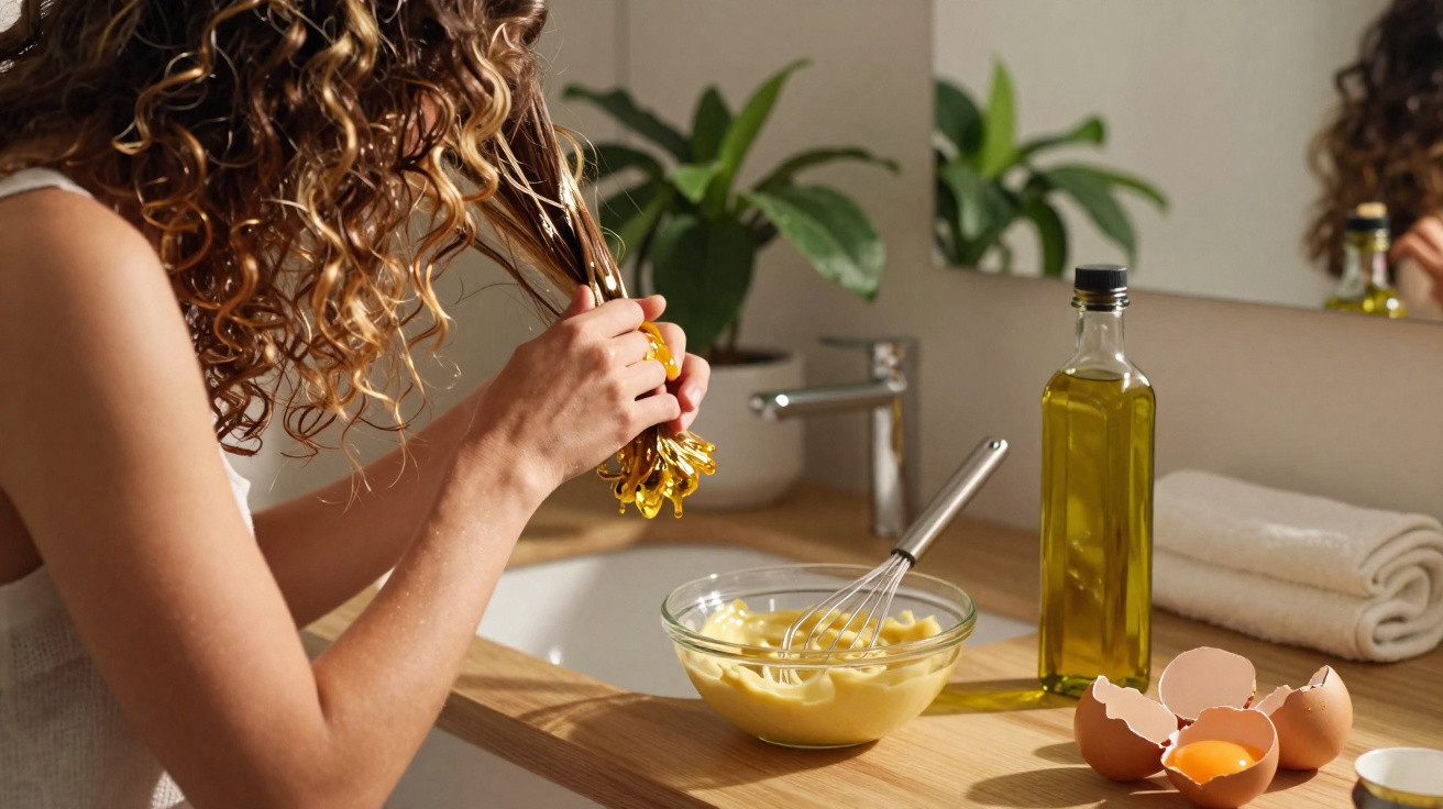 Mulher a aplicar máscara caseira de gema de ovo no cabelo num lavatório com ingredientes à vista.