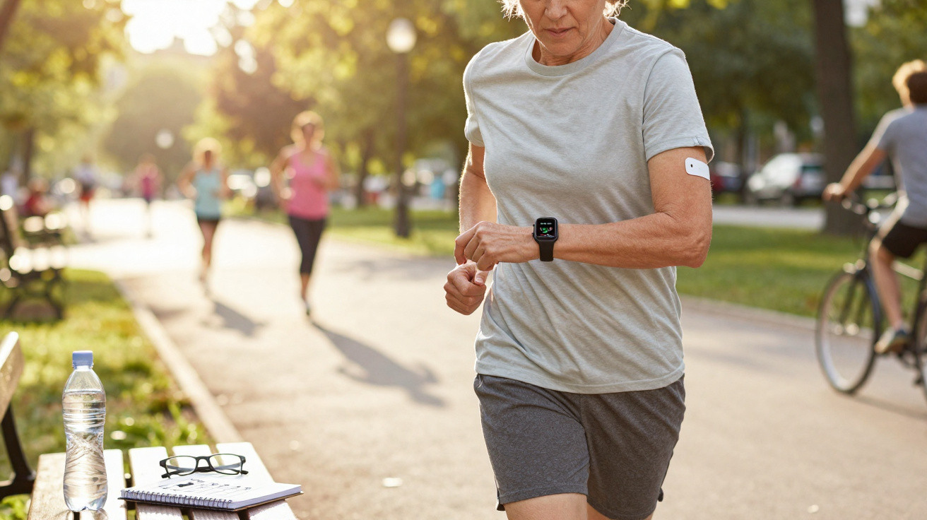 Pessoa idosa a correr num parque, com pulseira e relógio inteligentes, outras pessoas e ciclista ao fundo.