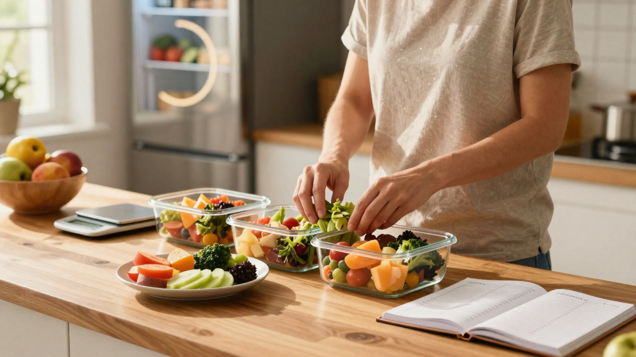 Pessoa a preparar saladas frescas em recipientes de vidro numa cozinha moderna e iluminada.