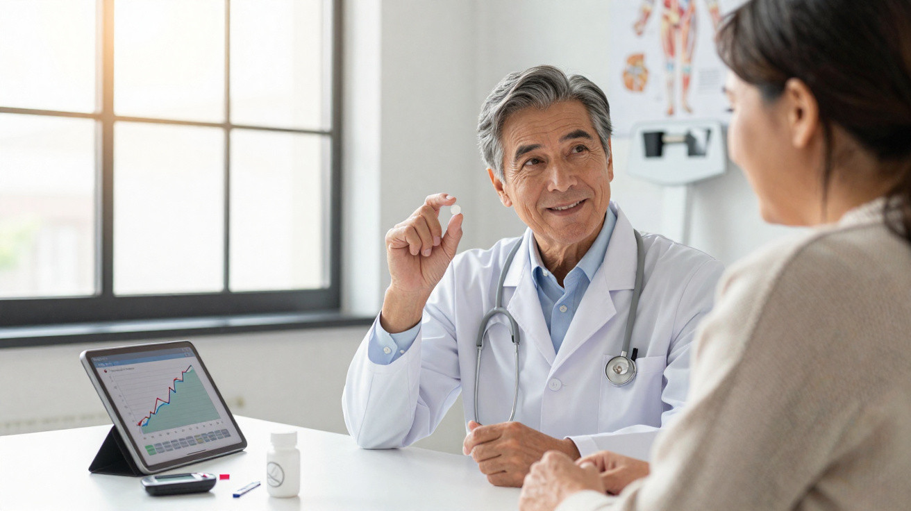 Médico explica uso de comprimido a paciente durante consulta num consultório iluminado pela janela.
