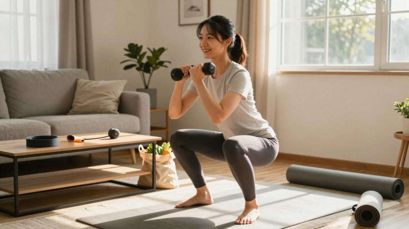 Mulher a fazer agachamento com halteres numa sala iluminada, com yoga mat e mobília moderna.