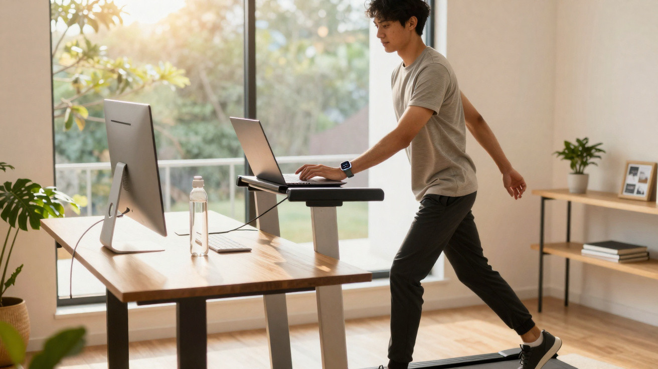 Homem a trabalhar num computador portátil enquanto caminha numa passadeira ergométrica num escritório luminoso.
