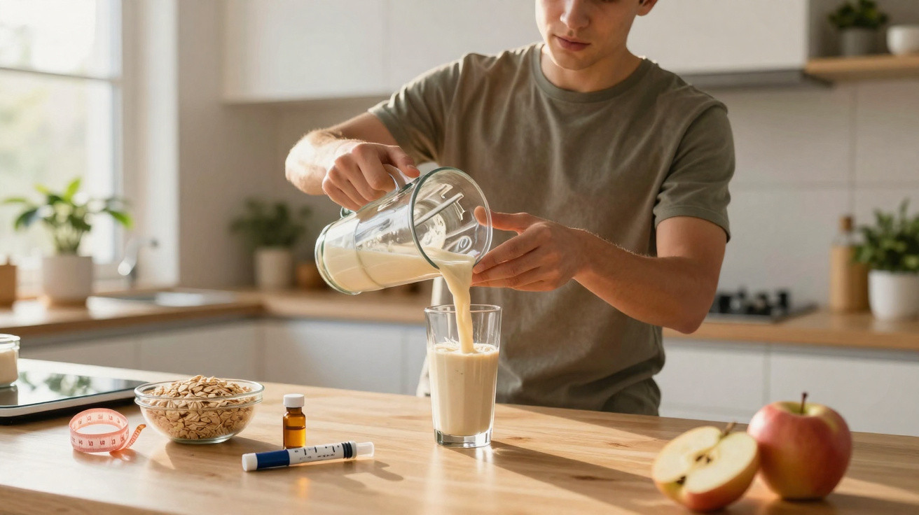 Homem a verter batido numa cozinha com aveia, frasco, aparelho de medição, maçã cortada e planta ao fundo.