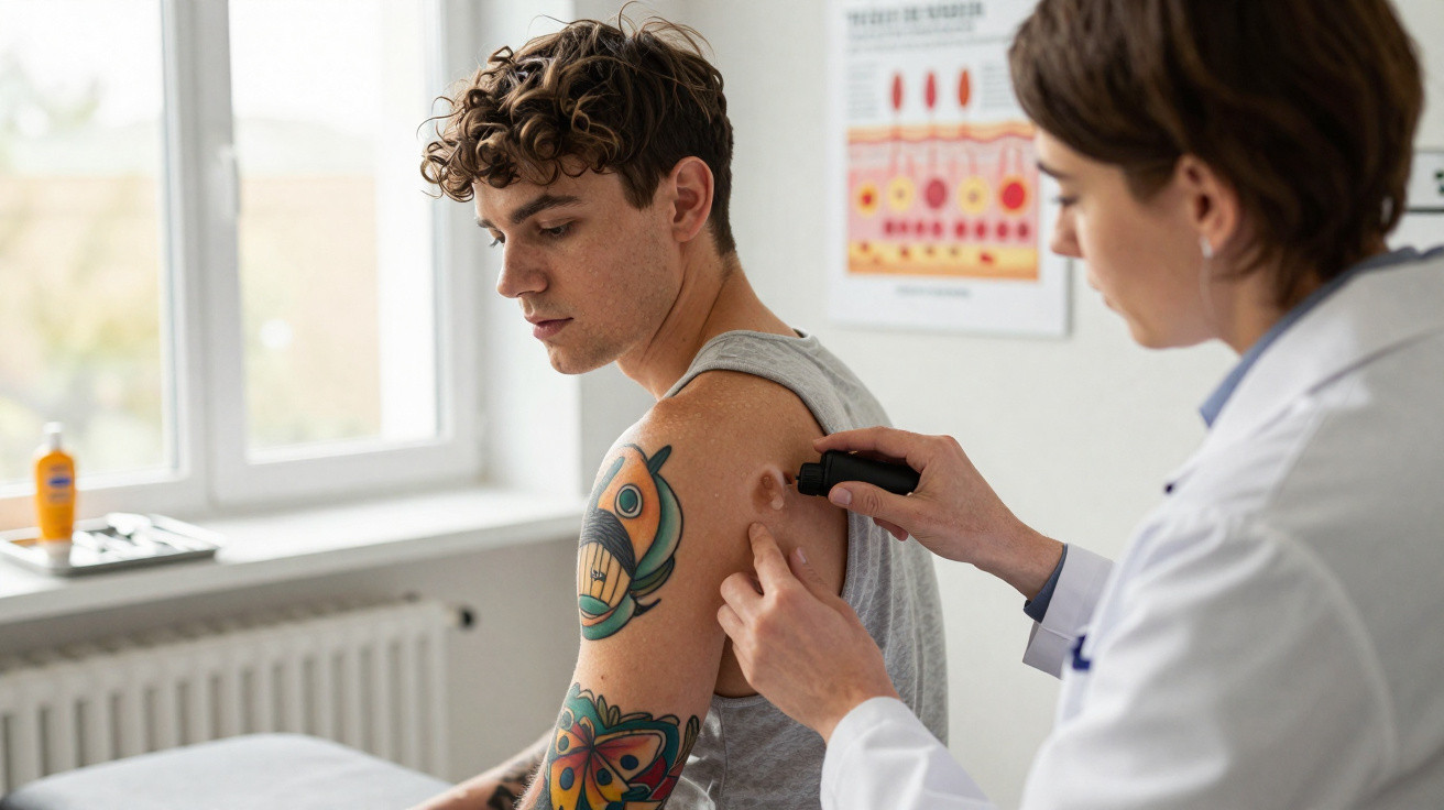 Médica examina pintas no braço de um homem jovem com tatuagens numa clínica bem iluminada.