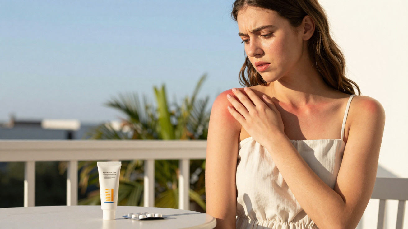 Mulher com queimadura solar no ombro, sentada ao sol com creme e comprimidos na mesa.