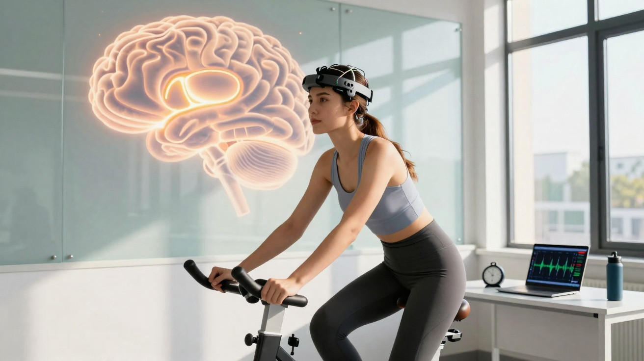 Mulher em bicicleta estática com capacete de monitorização cerebral e holograma de cérebro numa sala iluminada.