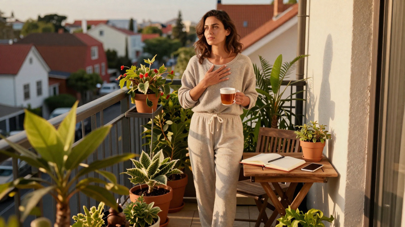 Mulher a beber chá no terraço rodeada de plantas, com caderno e telemóvel numa mesa de madeira.