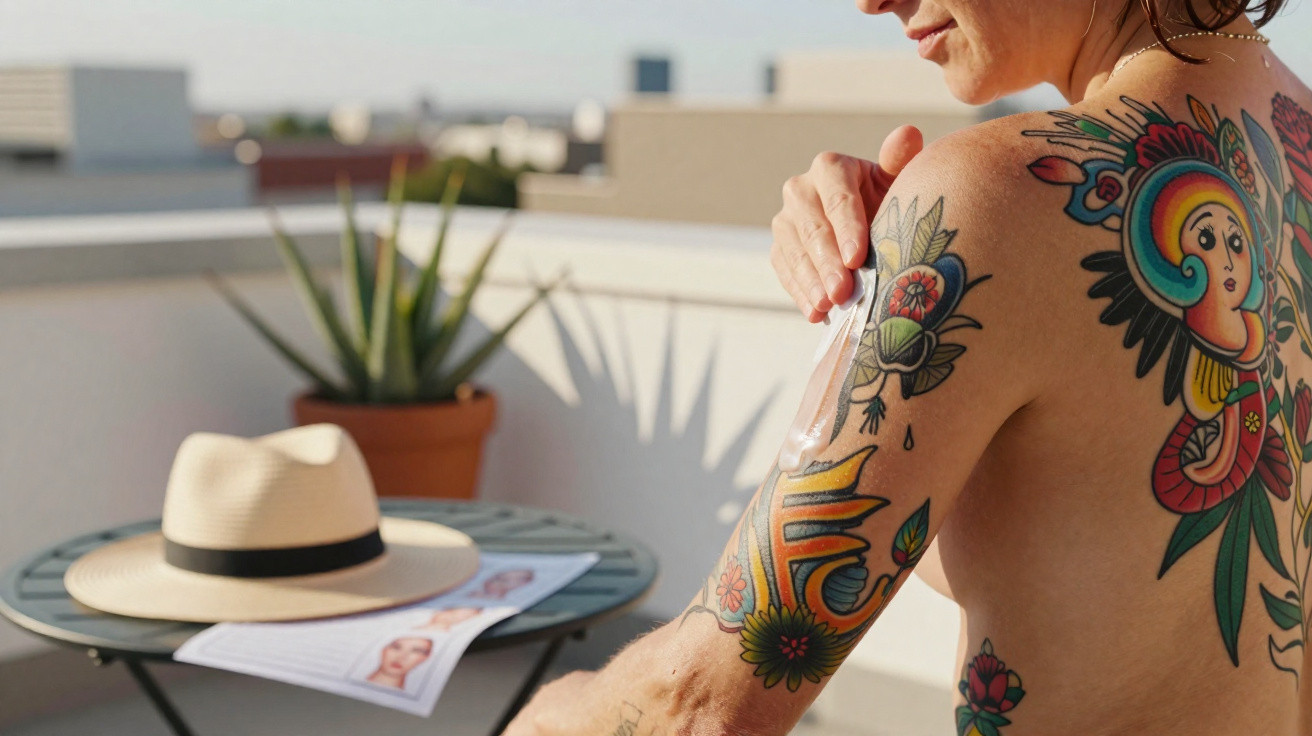 Pessoa com tatuagens a aplicar garrafa de vidro no braço ao ar livre numa varanda com planta e chapéu numa mesa.