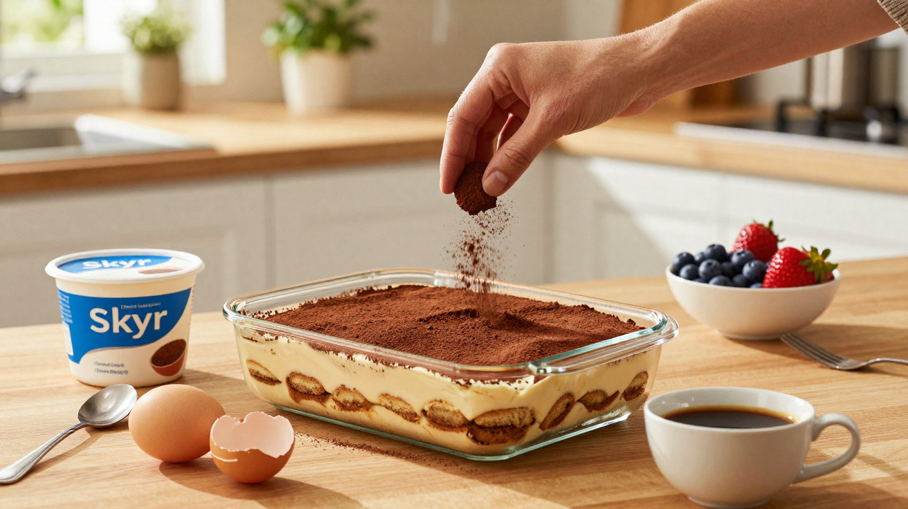 Mão polvilha cacau em tiramisù caseiro numa taça de vidro, com frutas, ovo, iogurte e café na bancada.