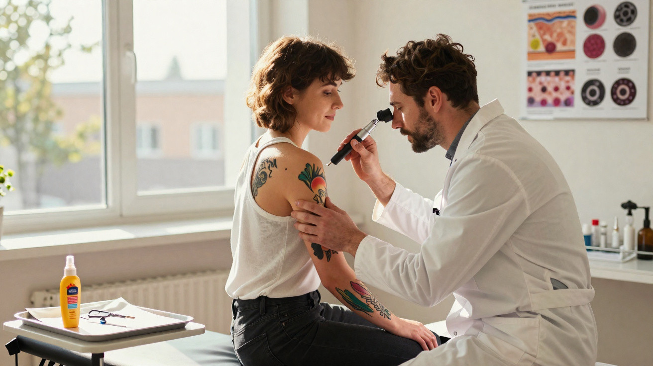 Médico dermatologista examina tatuagens no braço de mulher numa consulta num consultório iluminado.