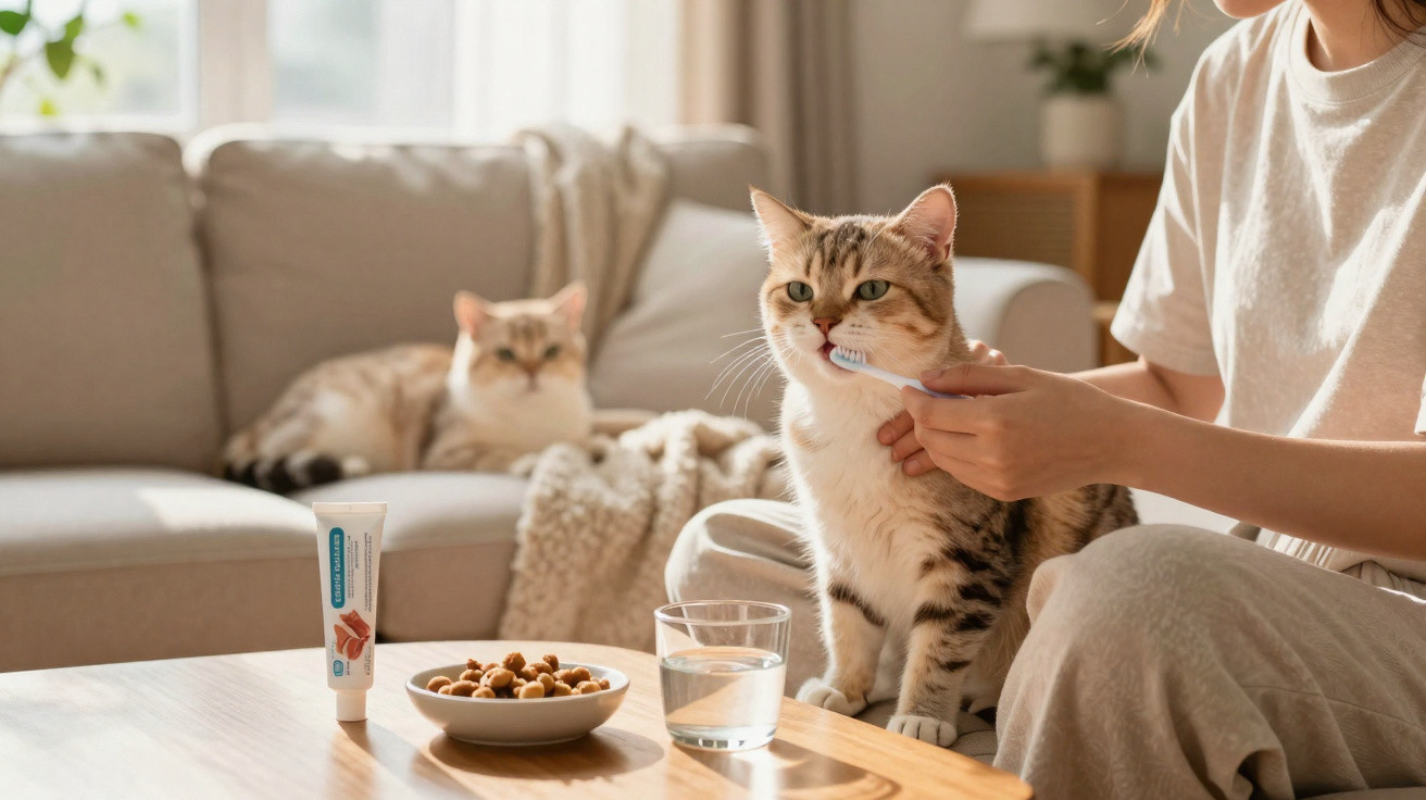 Pessoa a escovar os dentes a um gato, com outro gato no sofá e comida sobre a mesa.