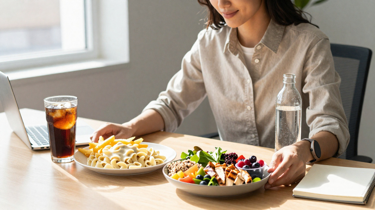 Mulher sentada à mesa com prato de massa, salada com frango grelhado e frutas, água e refrigerante.
