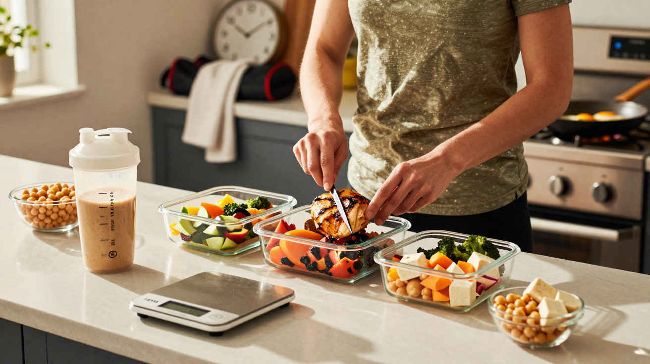 Pessoa a preparar refeições saudáveis em recipientes de vidro numa cozinha moderna, com alimentos variados e pesa digital.