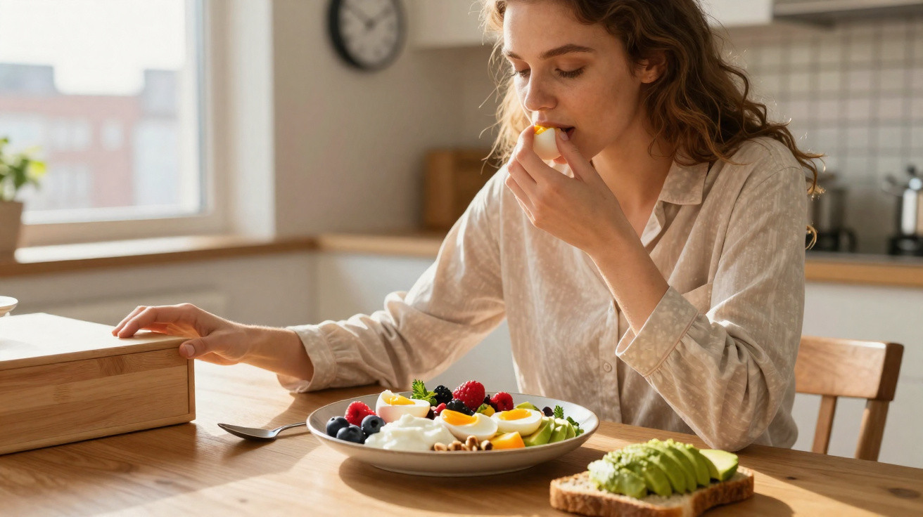 Mulher sentada à mesa numa cozinha a comer ovo com prato de frutas, iogurte e abacate à frente.