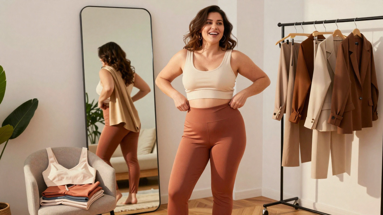 Mulher sorridente a experimentar leggings castanhas claras e top bege numa divisão com espelho, cadeira e cabide com roupas.