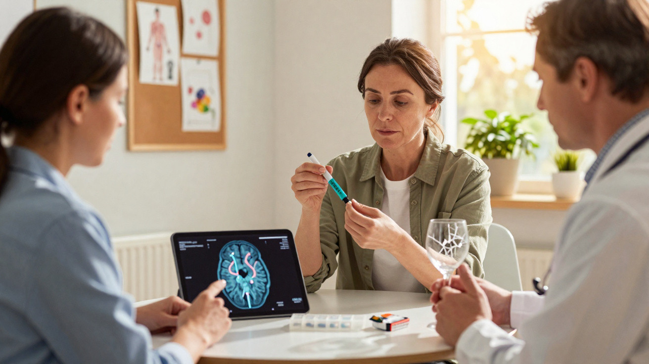 Mulher com duas pessoas em consulta médica, analisando imagem cerebral num tablet, com frasco de medicação à frente.