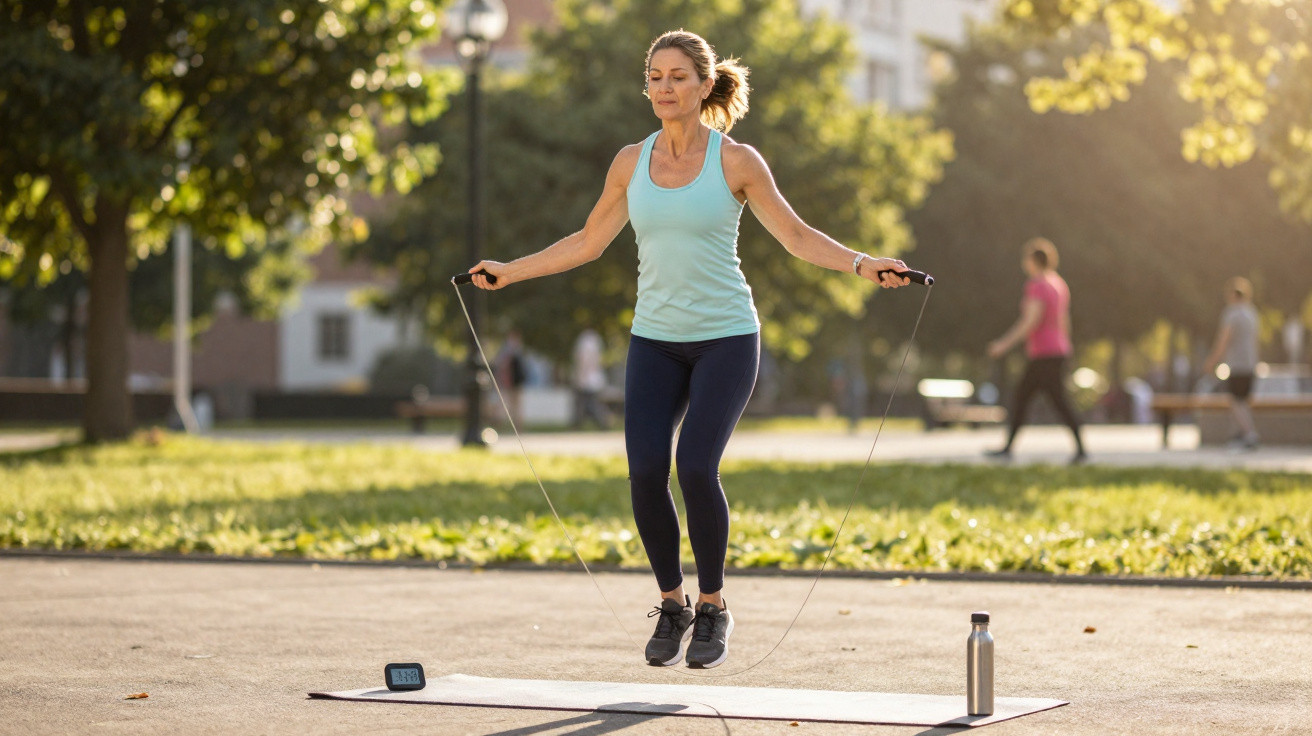 Mulher a saltar à corda num parque, com roupa desportiva e tapete de exercício no chão.