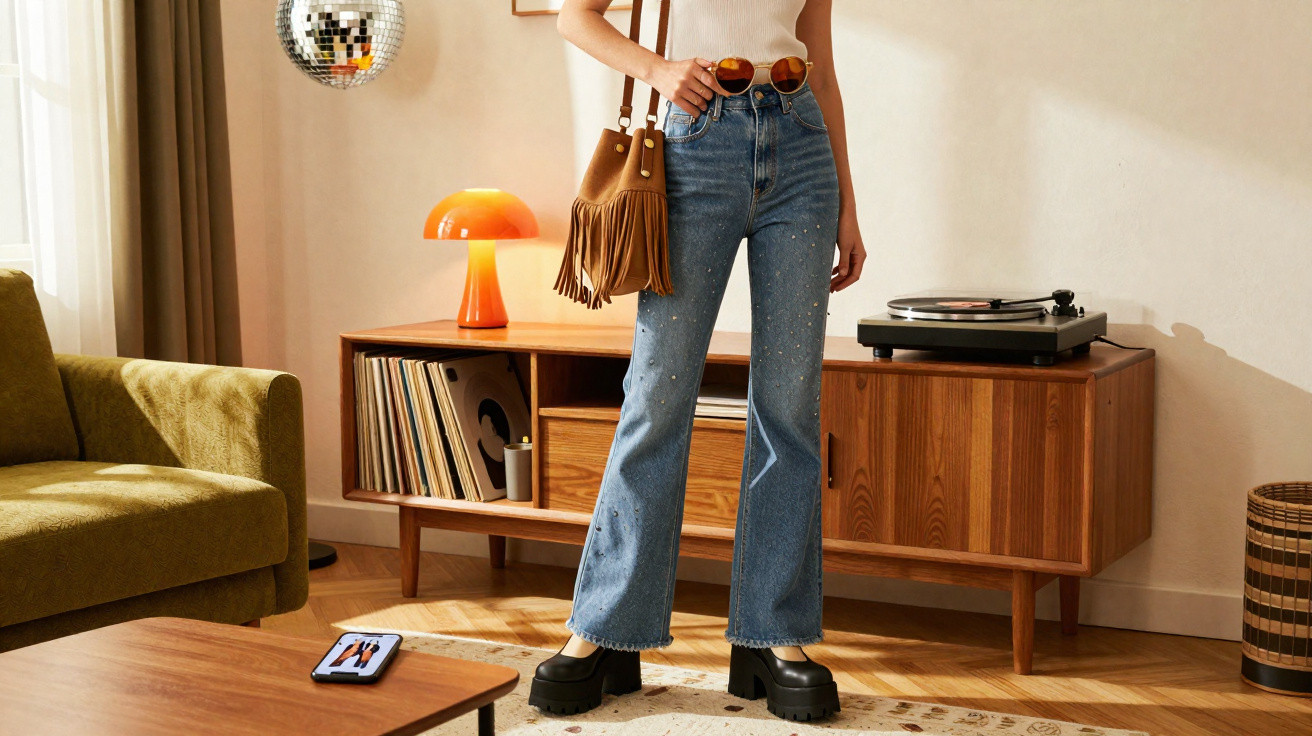 Mulher de pé em sala retro com jeans, blusa branca, sapatos pretos e mala castanha com franjas.