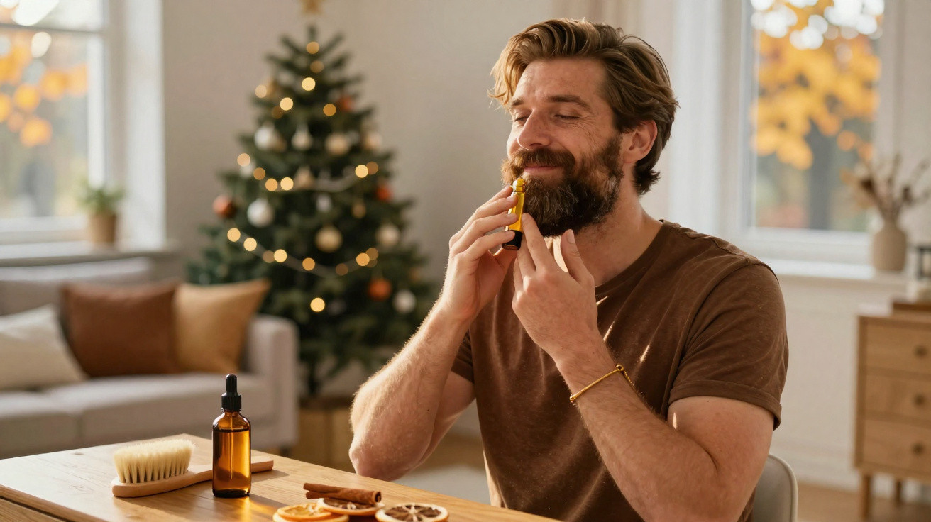 Homem barbudo aplica óleo facial, sentado à mesa com escova e frascos, árvore de Natal desfocada no fundo.