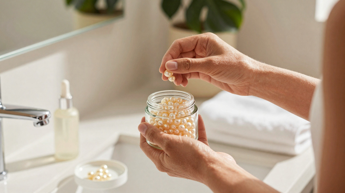 Mãos femininas seguram frasco com pérolas cosméticas num lavatório moderno e iluminado.