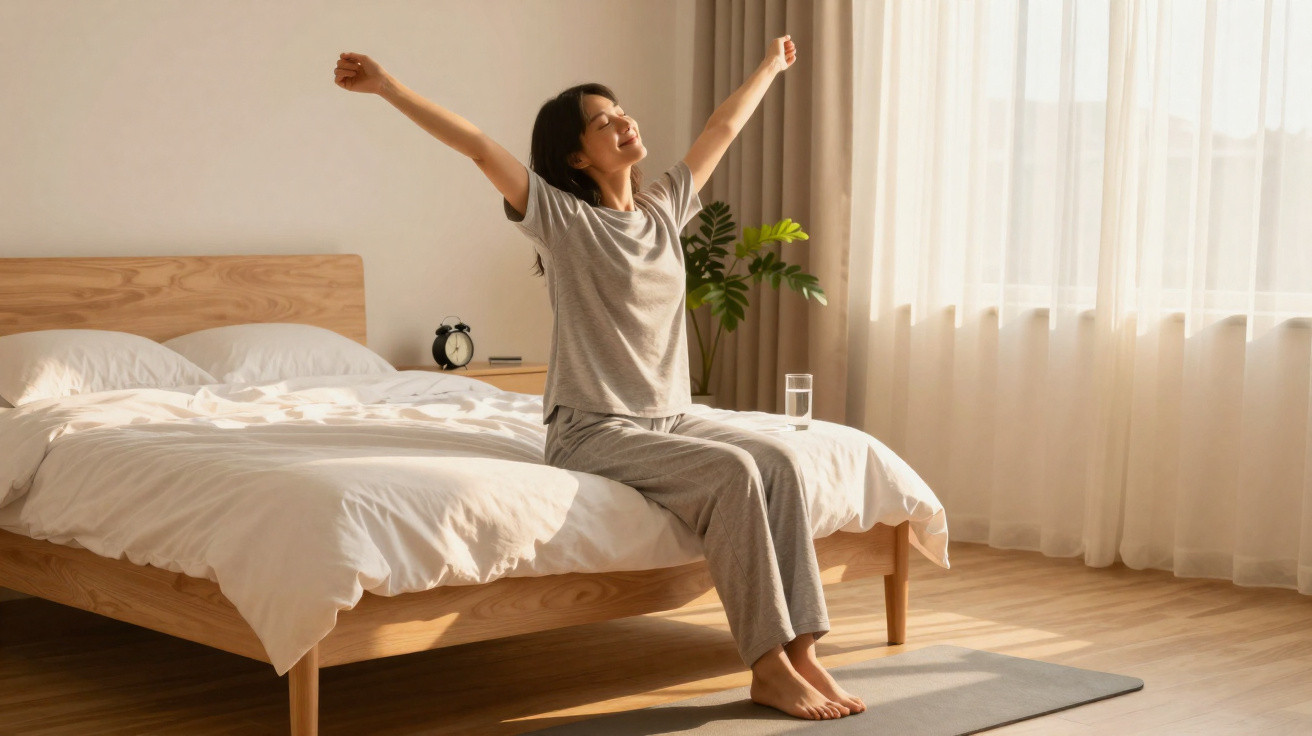 Mulher vestida com pijama cinzento sentada na cama a alongar os braços perto de uma janela com cortinas brancas.