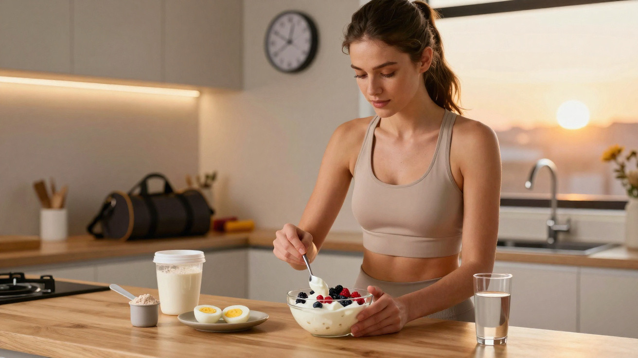 Mulher em roupa de desporto a comer iogurte com frutos vermelhos na cozinha ao amanhecer.
