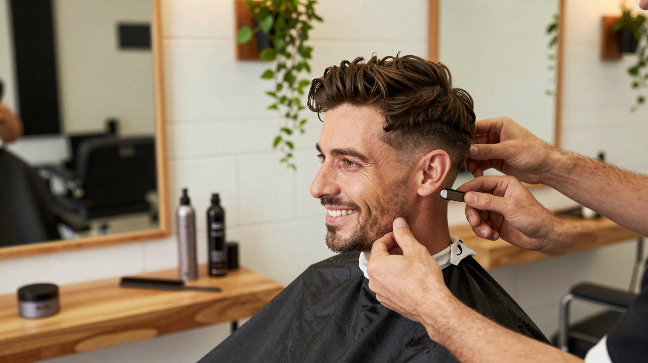Homem sorridente a cortar cabelo num cabeleireiro moderno com espelho e plantas ao fundo.